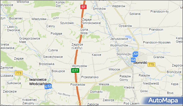 mapa Kacice gmina Słomniki, Kacice gmina Słomniki na mapie Targeo
