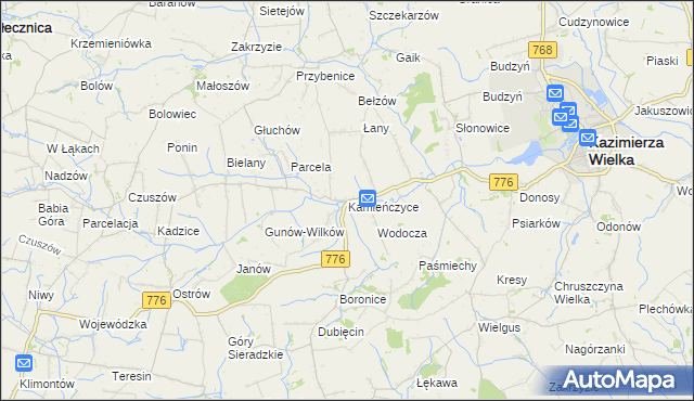 mapa Kamieńczyce gmina Kazimierza Wielka, Kamieńczyce gmina Kazimierza Wielka na mapie Targeo