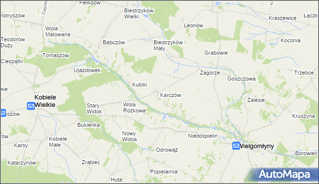 mapa Karczów gmina Wielgomłyny, Karczów gmina Wielgomłyny na mapie Targeo