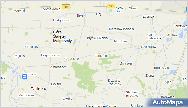 mapa Karsznice gmina Góra Świętej Małgorzaty, Karsznice gmina Góra Świętej Małgorzaty na mapie Targeo