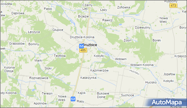 mapa Kobyłki gmina Drużbice, Kobyłki gmina Drużbice na mapie Targeo