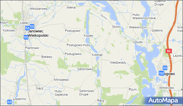 mapa Kołdrąb gmina Janowiec Wielkopolski, Kołdrąb gmina Janowiec Wielkopolski na mapie Targeo