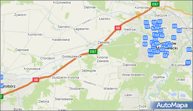 mapa Kolonia Zawada gmina Tomaszów Mazowiecki, Kolonia Zawada gmina Tomaszów Mazowiecki na mapie Targeo