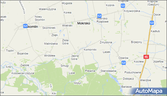 mapa Komorniki gmina Mokrsko, Komorniki gmina Mokrsko na mapie Targeo