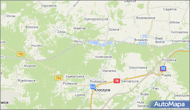 mapa Kostkowice gmina Kroczyce, Kostkowice gmina Kroczyce na mapie Targeo