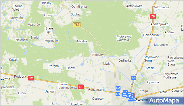 mapa Koszary gmina Zwoleń, Koszary gmina Zwoleń na mapie Targeo