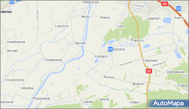 mapa Koszęcin gmina Deszczno, Koszęcin gmina Deszczno na mapie Targeo