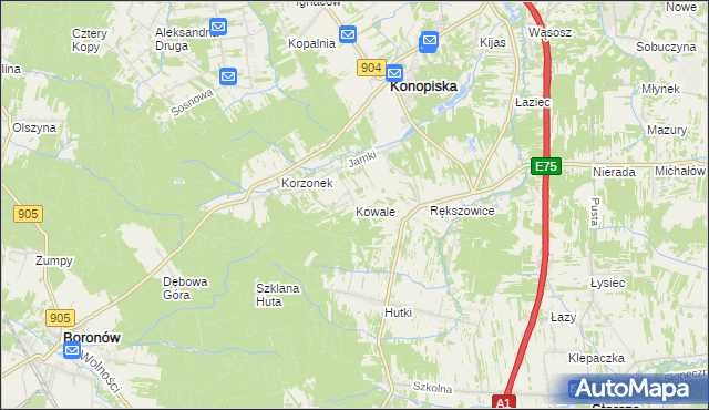 mapa Kowale gmina Konopiska, Kowale gmina Konopiska na mapie Targeo