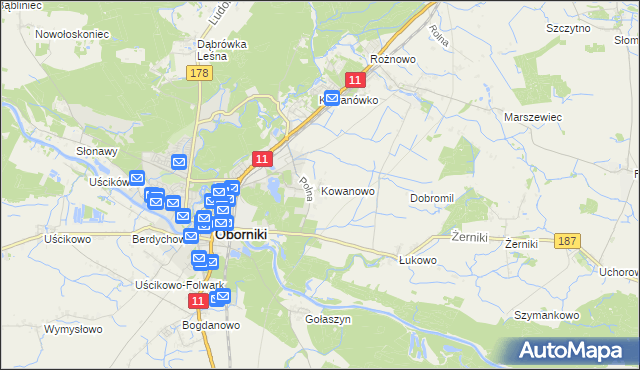 mapa Kowanowo gmina Oborniki, Kowanowo gmina Oborniki na mapie Targeo