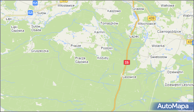 mapa Kozuby gmina Milicz, Kozuby gmina Milicz na mapie Targeo