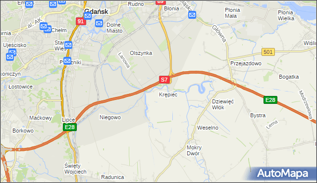 mapa Krępiec gmina Pruszcz Gdański, Krępiec gmina Pruszcz Gdański na mapie Targeo