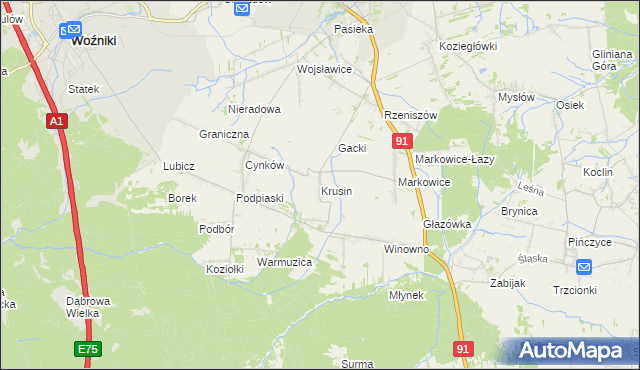 mapa Krusin gmina Koziegłowy, Krusin gmina Koziegłowy na mapie Targeo
