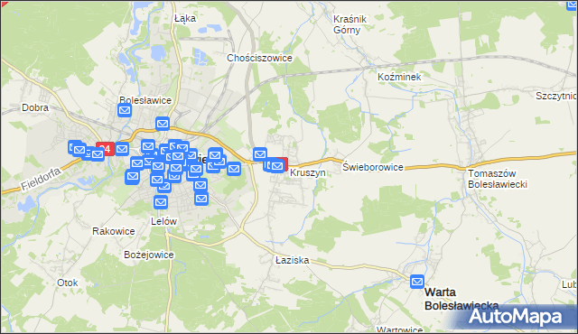 mapa Kruszyn gmina Bolesławiec, Kruszyn gmina Bolesławiec na mapie Targeo