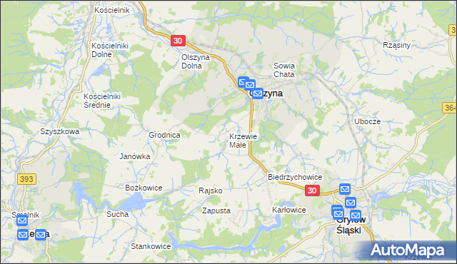 mapa Krzewie Małe, Krzewie Małe na mapie Targeo