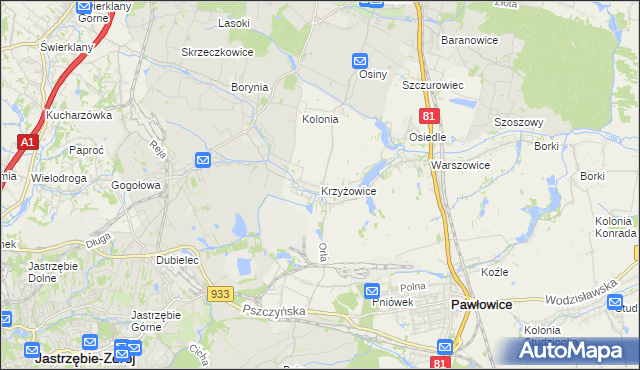 mapa Krzyżowice gmina Pawłowice, Krzyżowice gmina Pawłowice na mapie Targeo