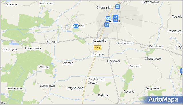 mapa Kuczyna gmina Krobia, Kuczyna gmina Krobia na mapie Targeo