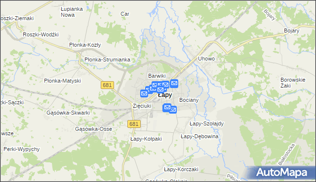 mapa Łapy, Łapy na mapie Targeo