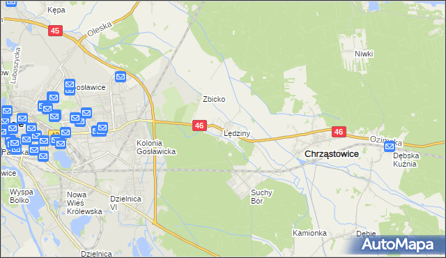 mapa Lędziny gmina Chrząstowice, Lędziny gmina Chrząstowice na mapie Targeo