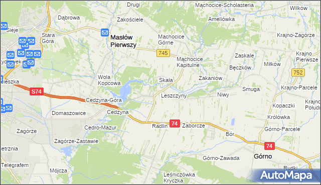 mapa Leszczyny gmina Górno, Leszczyny gmina Górno na mapie Targeo