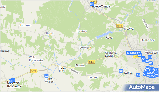 mapa Lewiczyn gmina Lipowiec Kościelny, Lewiczyn gmina Lipowiec Kościelny na mapie Targeo