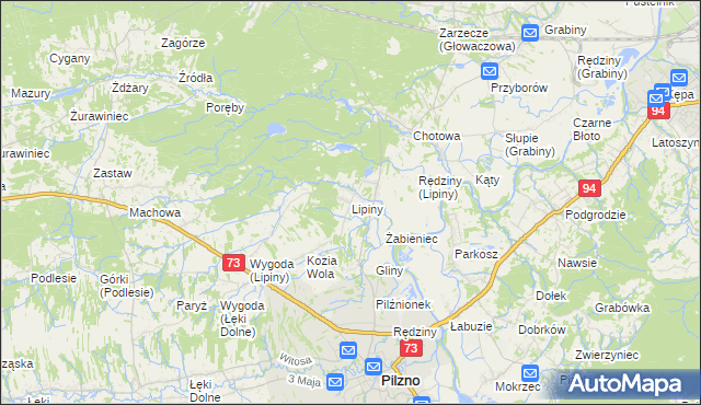 mapa Lipiny gmina Pilzno, Lipiny gmina Pilzno na mapie Targeo