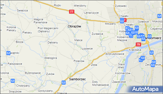 mapa Łojowice gmina Samborzec, Łojowice gmina Samborzec na mapie Targeo