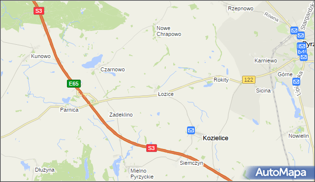 mapa Łozice gmina Kozielice, Łozice gmina Kozielice na mapie Targeo