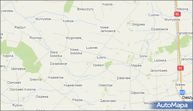 mapa Łubno gmina Daszyna, Łubno gmina Daszyna na mapie Targeo