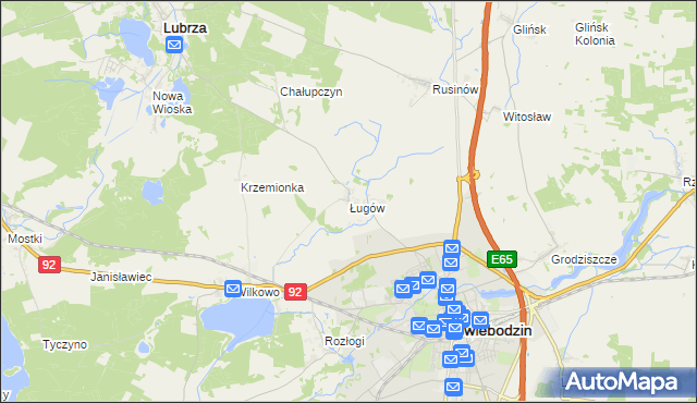 mapa Ługów gmina Świebodzin, Ługów gmina Świebodzin na mapie Targeo