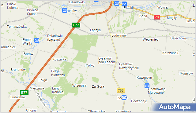 mapa Łysaków pod Lasem, Łysaków pod Lasem na mapie Targeo