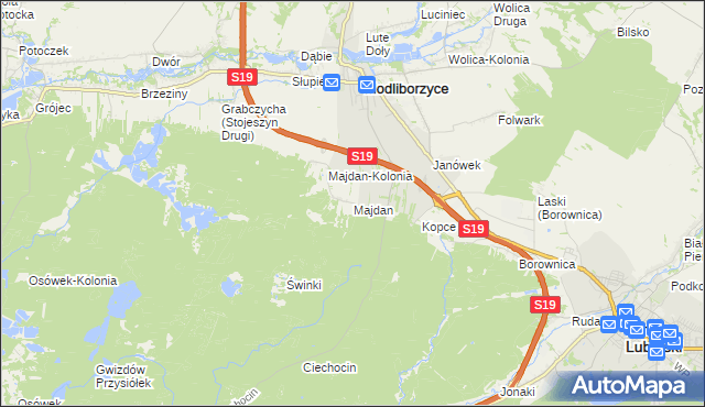 mapa Majdan gmina Modliborzyce, Majdan gmina Modliborzyce na mapie Targeo