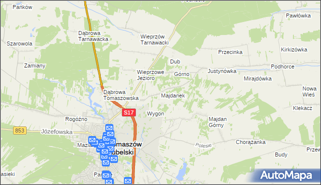 mapa Majdanek gmina Tomaszów Lubelski, Majdanek gmina Tomaszów Lubelski na mapie Targeo