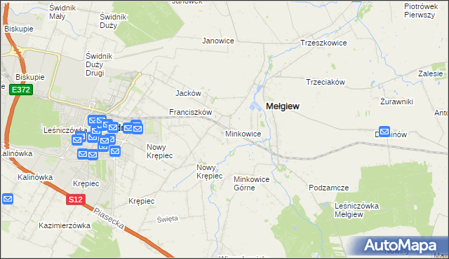 mapa Minkowice gmina Mełgiew, Minkowice gmina Mełgiew na mapie Targeo