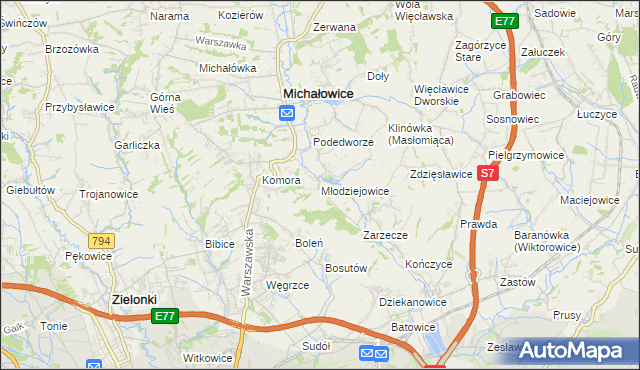 mapa Młodziejowice gmina Michałowice, Młodziejowice gmina Michałowice na mapie Targeo