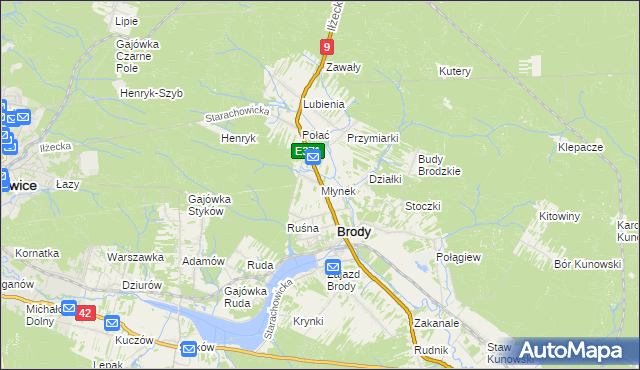 mapa Młynek gmina Brody, Młynek gmina Brody na mapie Targeo