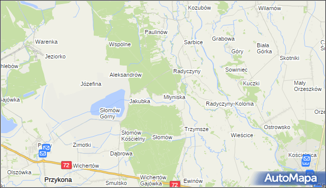 mapa Młyniska gmina Przykona, Młyniska gmina Przykona na mapie Targeo