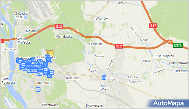 mapa Młynki gmina Końskowola, Młynki gmina Końskowola na mapie Targeo