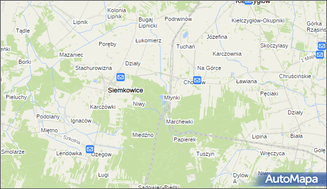 mapa Młynki gmina Siemkowice, Młynki gmina Siemkowice na mapie Targeo