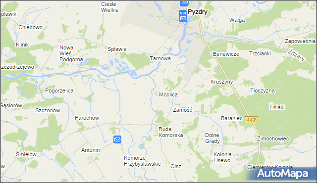 mapa Modlica gmina Pyzdry, Modlica gmina Pyzdry na mapie Targeo