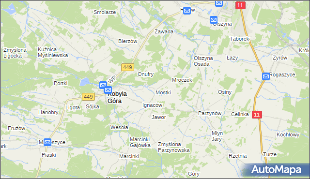 mapa Mostki gmina Kobyla Góra, Mostki gmina Kobyla Góra na mapie Targeo