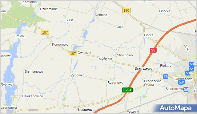 mapa Myślęcin gmina Łubowo, Myślęcin gmina Łubowo na mapie Targeo