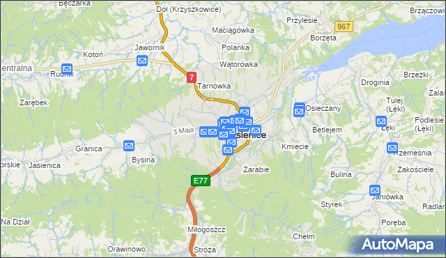 mapa Myślenice, Myślenice na mapie Targeo