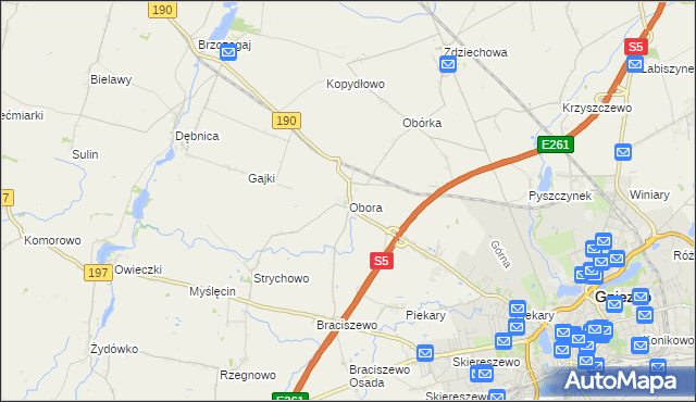 mapa Obora gmina Gniezno, Obora gmina Gniezno na mapie Targeo