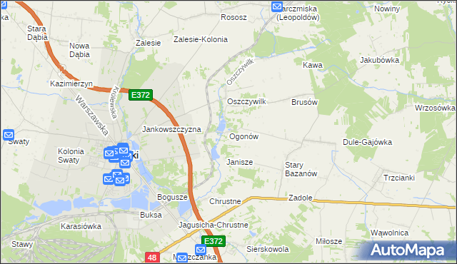 mapa Ogonów gmina Ryki, Ogonów gmina Ryki na mapie Targeo