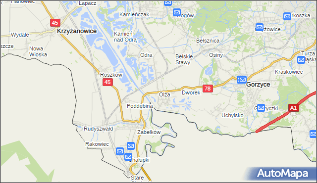 mapa Olza gmina Gorzyce, Olza gmina Gorzyce na mapie Targeo