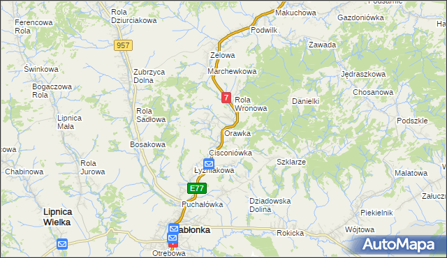mapa Orawka gmina Jabłonka, Orawka gmina Jabłonka na mapie Targeo