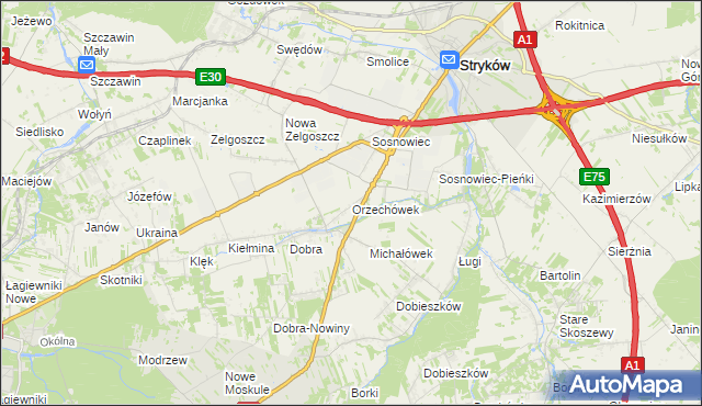 mapa Orzechówek gmina Stryków, Orzechówek gmina Stryków na mapie Targeo