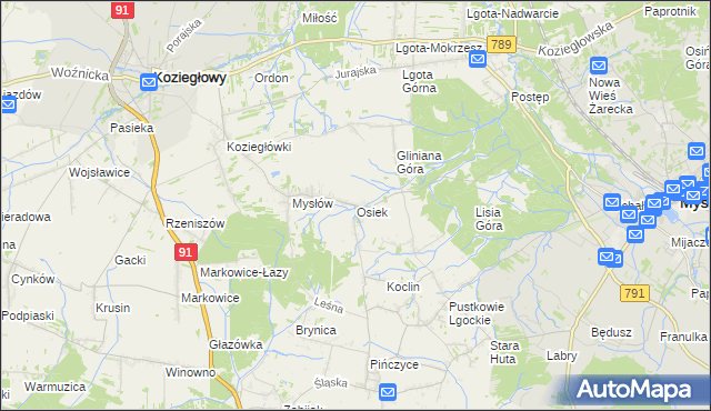 mapa Osiek gmina Koziegłowy, Osiek gmina Koziegłowy na mapie Targeo