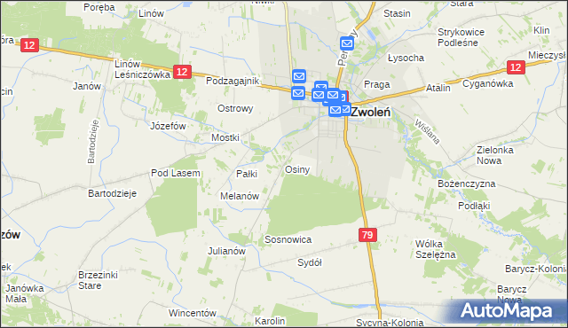 mapa Osiny gmina Zwoleń, Osiny gmina Zwoleń na mapie Targeo