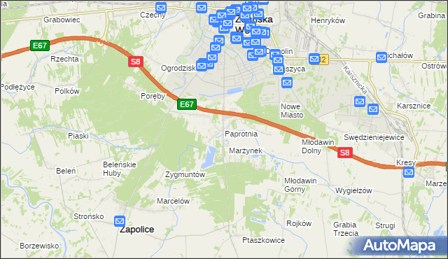 mapa Paprotnia gmina Zapolice, Paprotnia gmina Zapolice na mapie Targeo